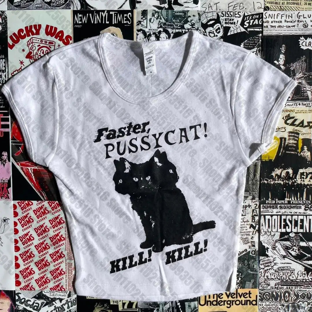 NU: Punk Y2K Baby Tee Short Sleeve Top Gothic Street T-shirt Women's Star Cat Print Black T-shirt Women's Summer Top Emo Rock Girls'
