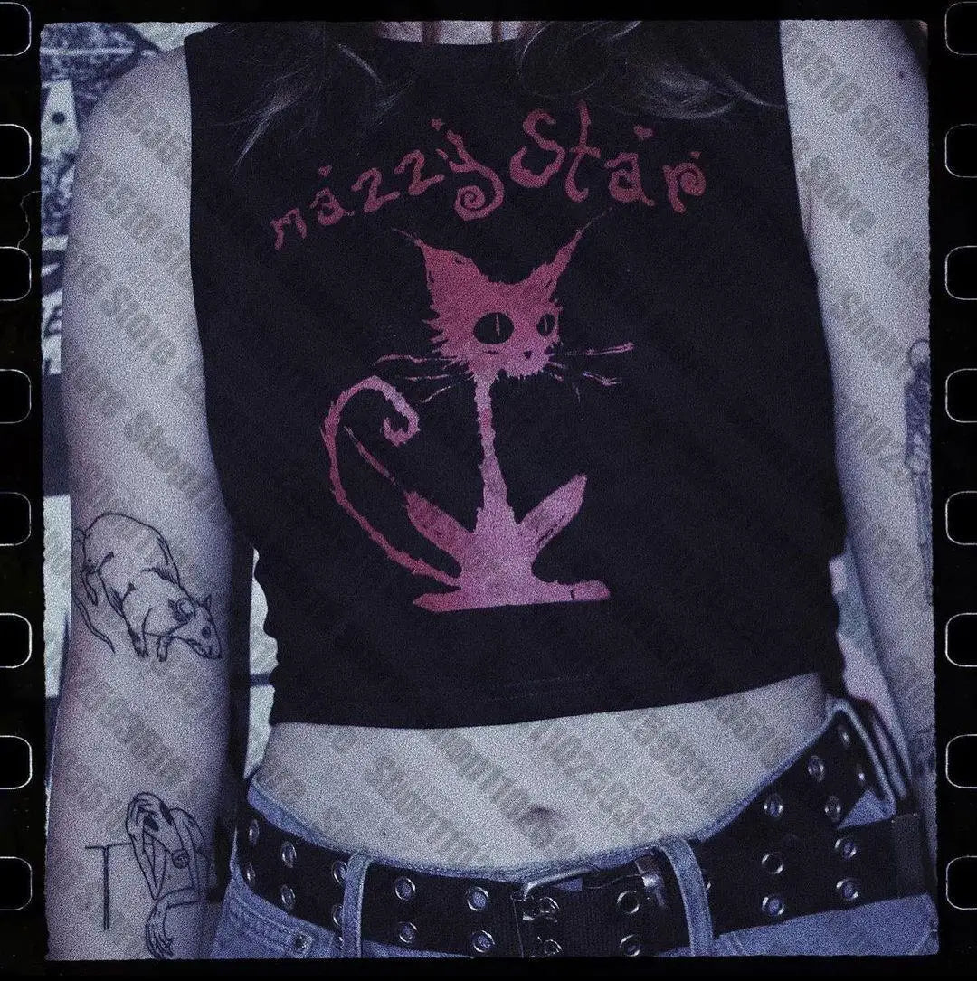 NU: Punk Y2K Baby Tee Short Sleeve Top Gothic Street T-shirt Women's Star Cat Print Black T-shirt Women's Summer Top Emo Rock Girls'
