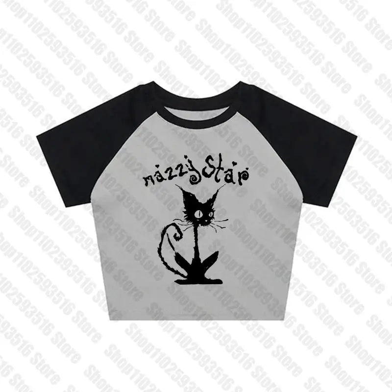 NU: Punk Y2K Baby Tee Short Sleeve Top Gothic Street T-shirt Women's Star Cat Print Black T-shirt Women's Summer Top Emo Rock Girls'