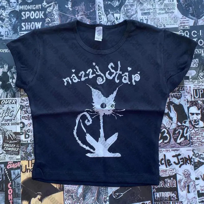 NU: Punk Y2K Baby Tee Short Sleeve Top Gothic Street T-shirt Women's Star Cat Print Black T-shirt Women's Summer Top Emo Rock Girls'