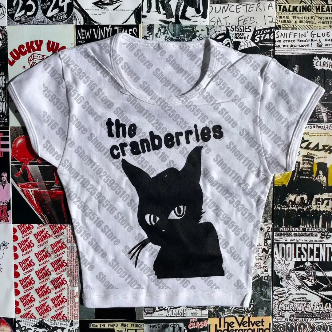 NU: Punk Y2K Baby Tee Short Sleeve Top Gothic Street T-shirt Women's Star Cat Print Black T-shirt Women's Summer Top Emo Rock Girls'