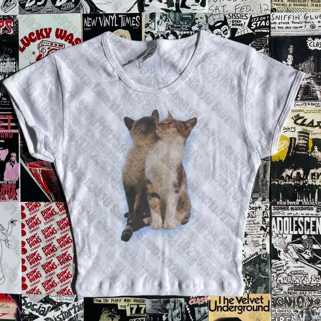 NU: Punk Y2K Baby Tee Short Sleeve Top Gothic Street T-shirt Women's Star Cat Print Black T-shirt Women's Summer Top Emo Rock Girls'