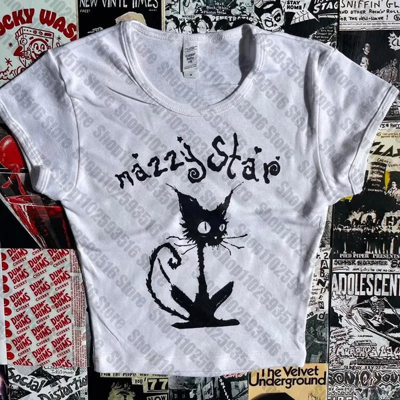 NU: Punk Y2K Baby Tee Short Sleeve Top Gothic Street T-shirt Women's Star Cat Print Black T-shirt Women's Summer Top Emo Rock Girls'