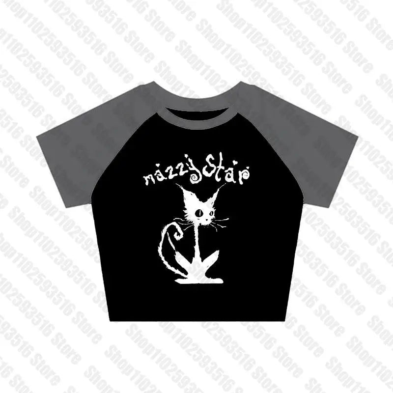 NU: Punk Y2K Baby Tee Short Sleeve Top Gothic Street T-shirt Women's Star Cat Print Black T-shirt Women's Summer Top Emo Rock Girls'