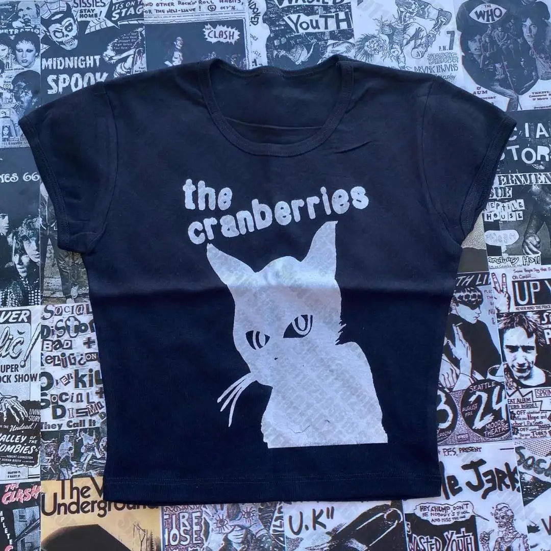 NU: Punk Y2K Baby Tee Short Sleeve Top Gothic Street T-shirt Women's Star Cat Print Black T-shirt Women's Summer Top Emo Rock Girls'
