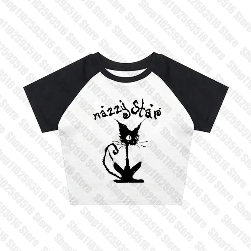 NU: Punk Y2K Baby Tee Short Sleeve Top Gothic Street T-shirt Women's Star Cat Print Black T-shirt Women's Summer Top Emo Rock Girls'